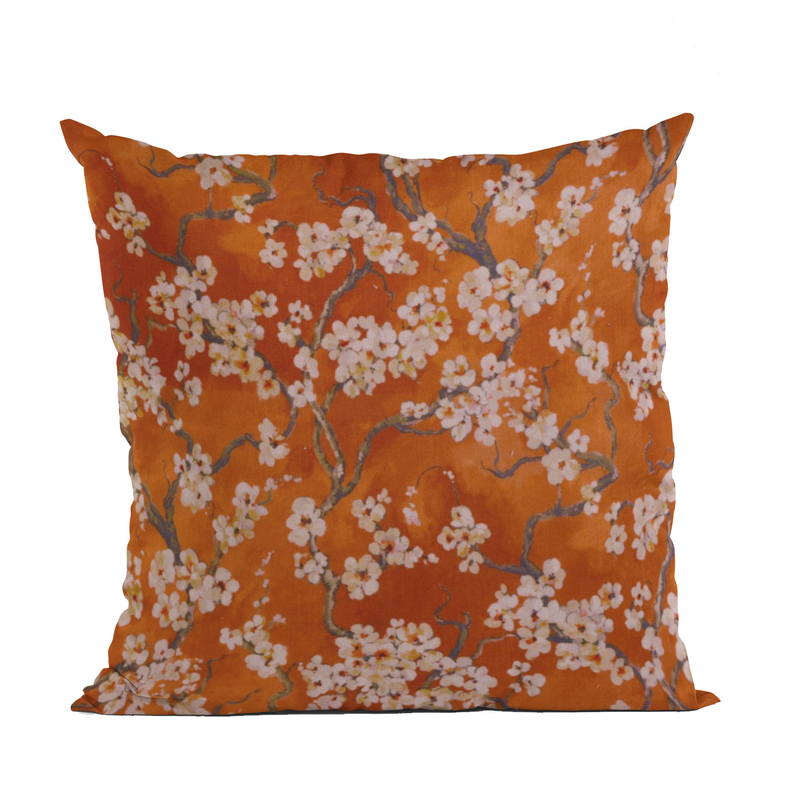 Plutus Cherry Blossoms Printed On A Linen Looking Polyester. Luxury Throw Pillow Double sided  20" x 20" Persimmon