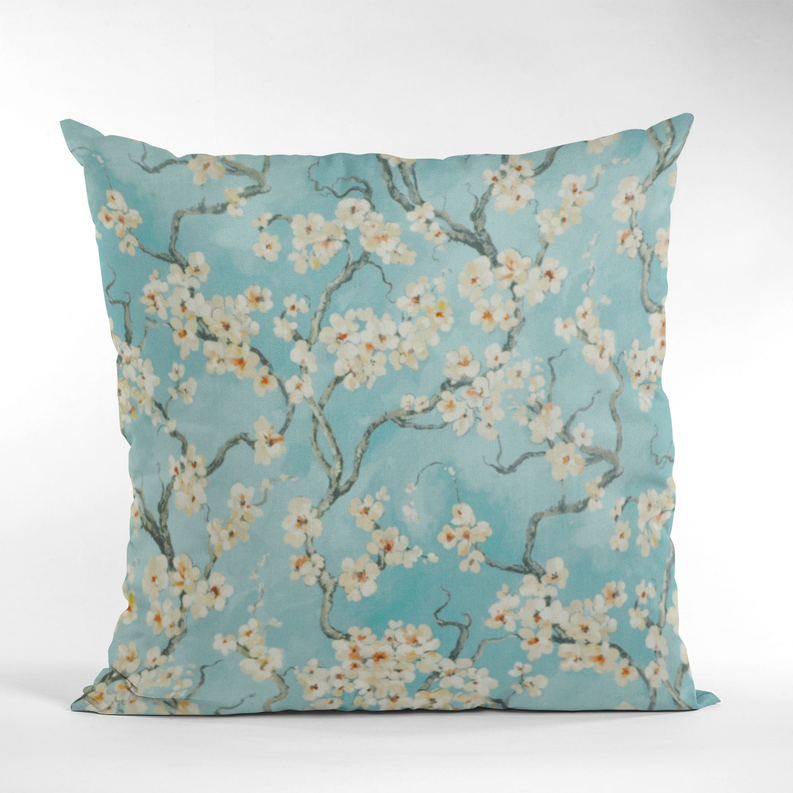 Plutus Cherry Blossoms Printed On A Linen Looking Polyester. Luxury Throw Pillow Double sided  20" x 20" Azure