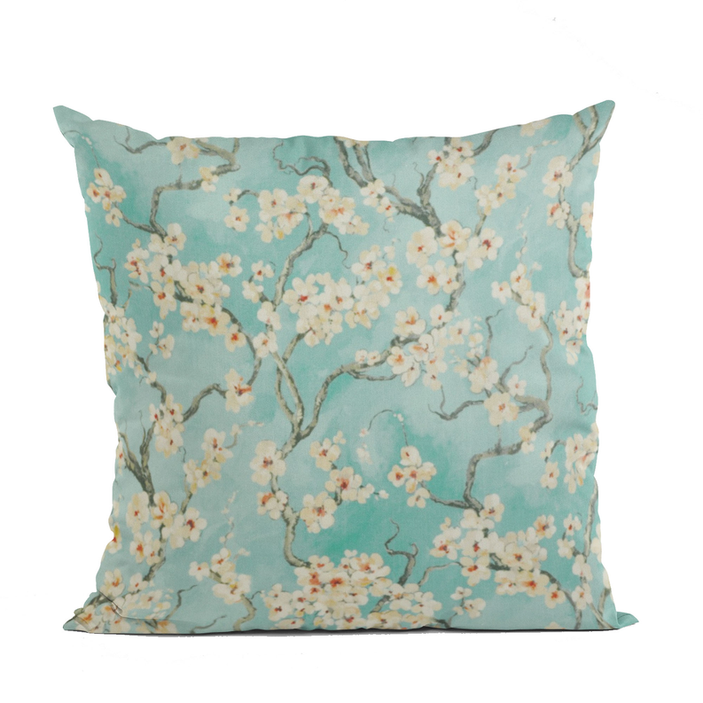 Plutus Cherry Blossoms Printed On A Linen Looking Polyester. Luxury Throw Pillow Double sided  20" x 20" Spa