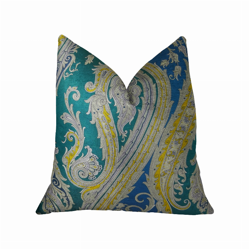 Plutus Handmade Luxury Pillow Double sided  20" x 20" Blue, Yellow, Green