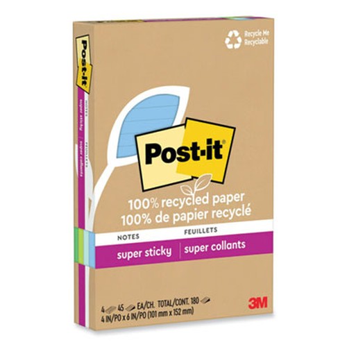 100% Recycled Paper Super Sticky Notes, Unruled, 3" x 3", Assorted Oasis Colors, 70 Sheets/Pad, 12 Pads/Pack