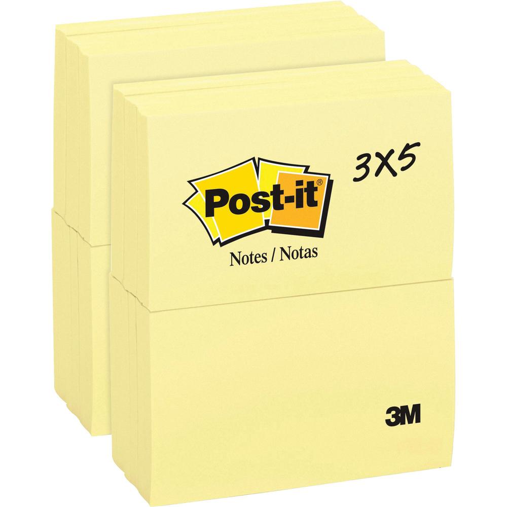 Post-it Notes Original Notepads - 3" x 5" - Rectangle - 100 Sheets per Pad - Unruled - Canary Yellow - Paper - Self-adhesiv