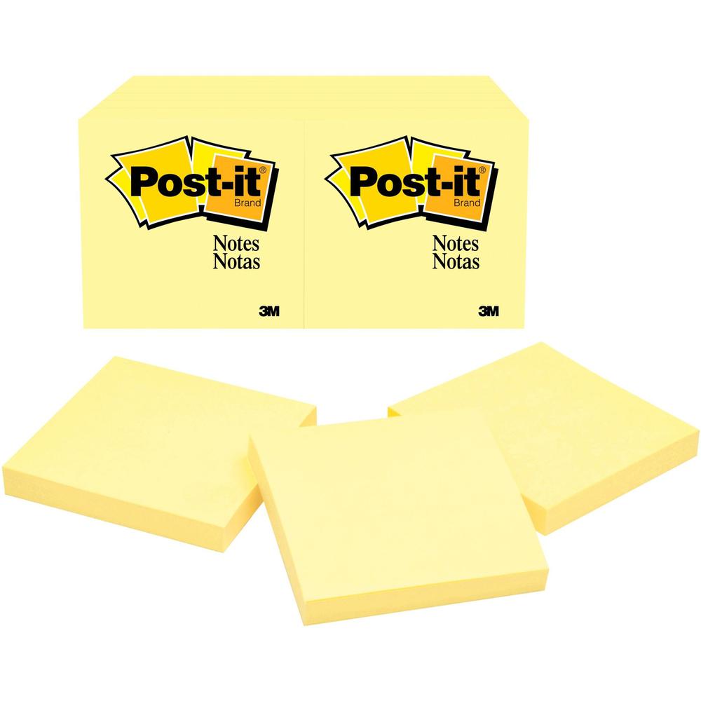 Post-it Notes Original Notepads - 3" x 3" - Square - 100 Sheets per Pad - Unruled - Canary Yellow - Paper - Self-adhesive