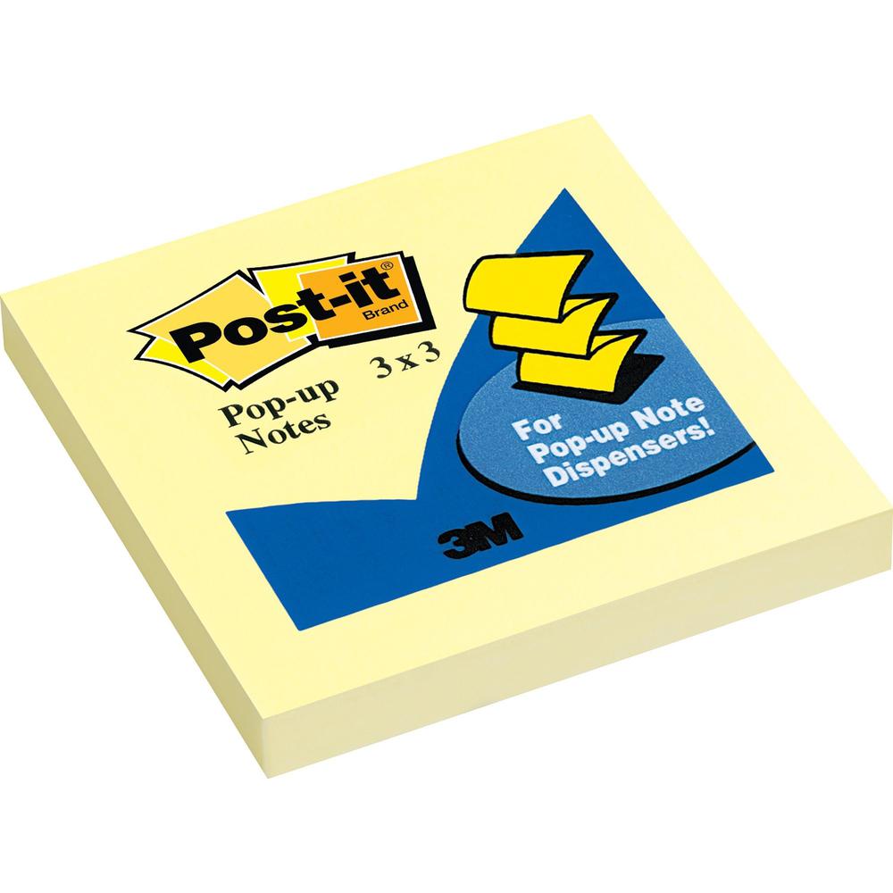 Post-it Pop-up Notes - 3" x 3" - Square - 100 Sheets per Pad - Unruled - Canary Yellow - Paper - Self-adhesive, Repositiona