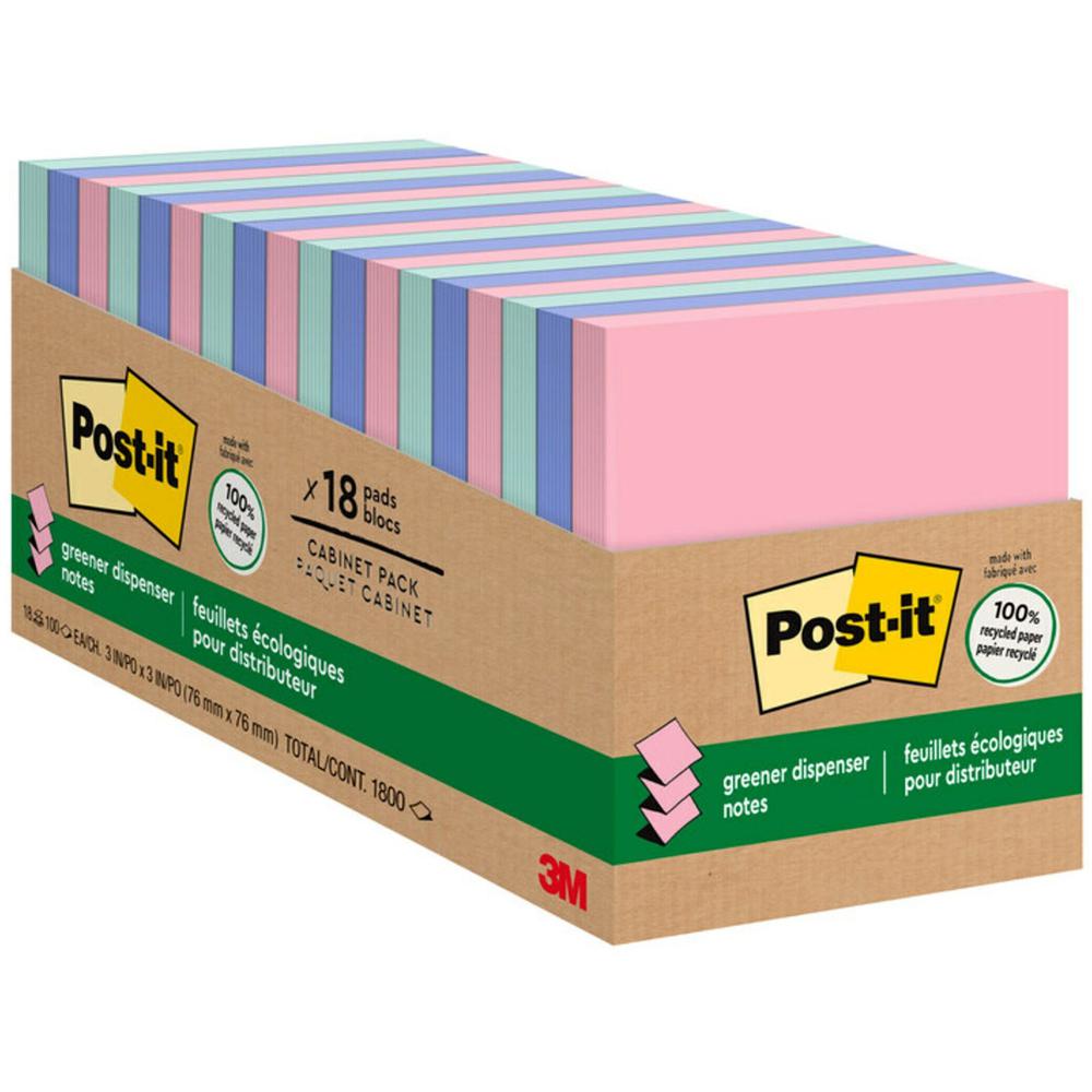 Post-it Greener Dispenser Notes - 3" x 3" - Square - 100 Sheets per Pad - Positively Pink, Fresh Mint, Moonstone - Paper - 