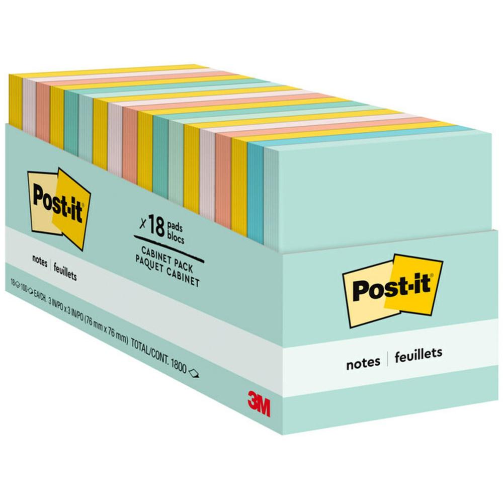 Post-it Notes Cabinet Pack - 3" x 3" - Square - 100 Sheets per Pad - Unruled - Fresh Mint, Aqua Splash, Sunnyside, Papaya F