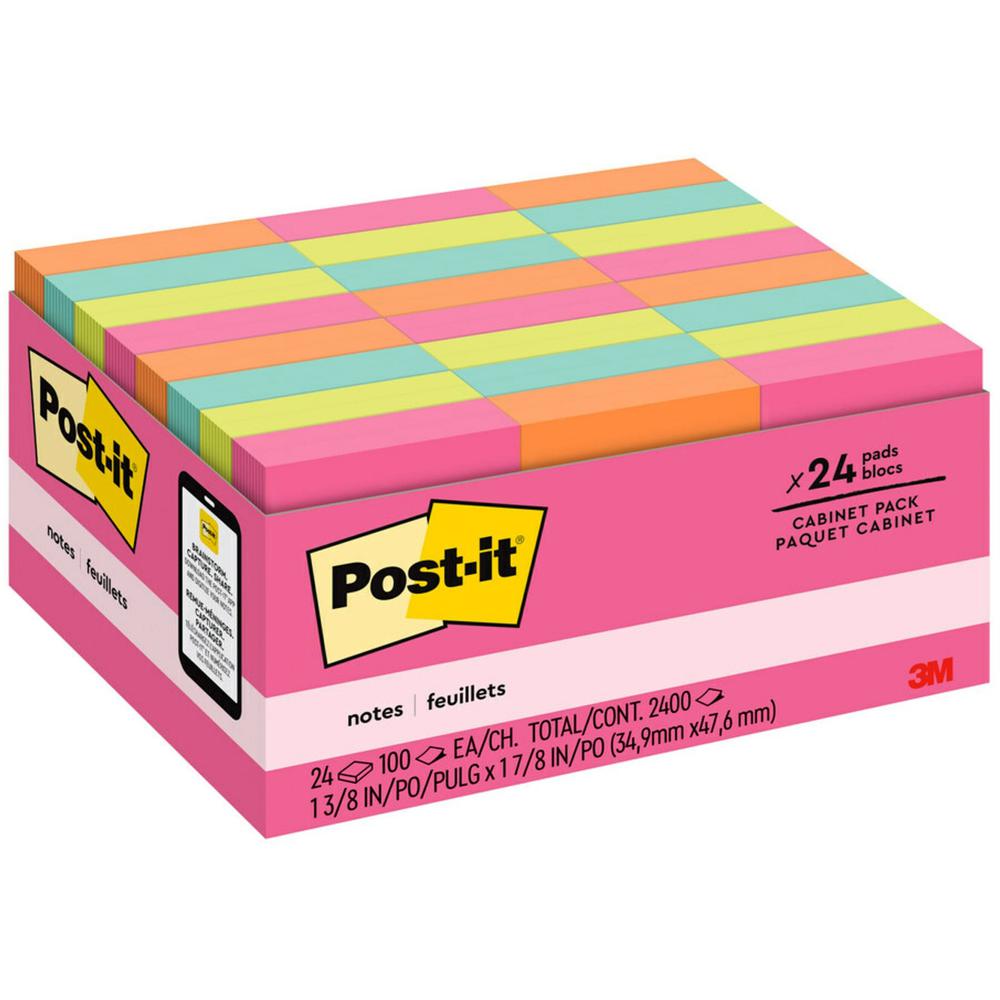 Post-it Notes Value Pack - 1.50" x 2" - Rectangle - 100 Sheets per Pad - Power Pink, Acid Lime, Aqua Splash, Vital Orange