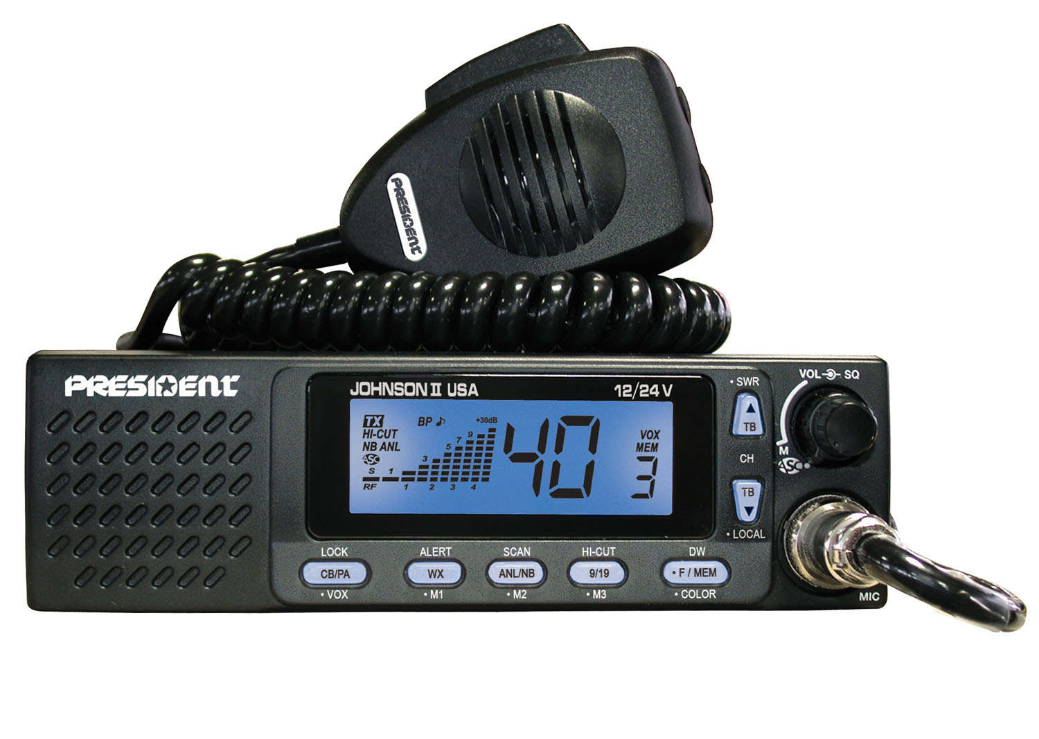 President 12-24Vdc Mobile Cb Radio With Selectable 3-Color Front Panel, Lcd Multi-Function Display, Roger Beep, Dual Watch & Tal