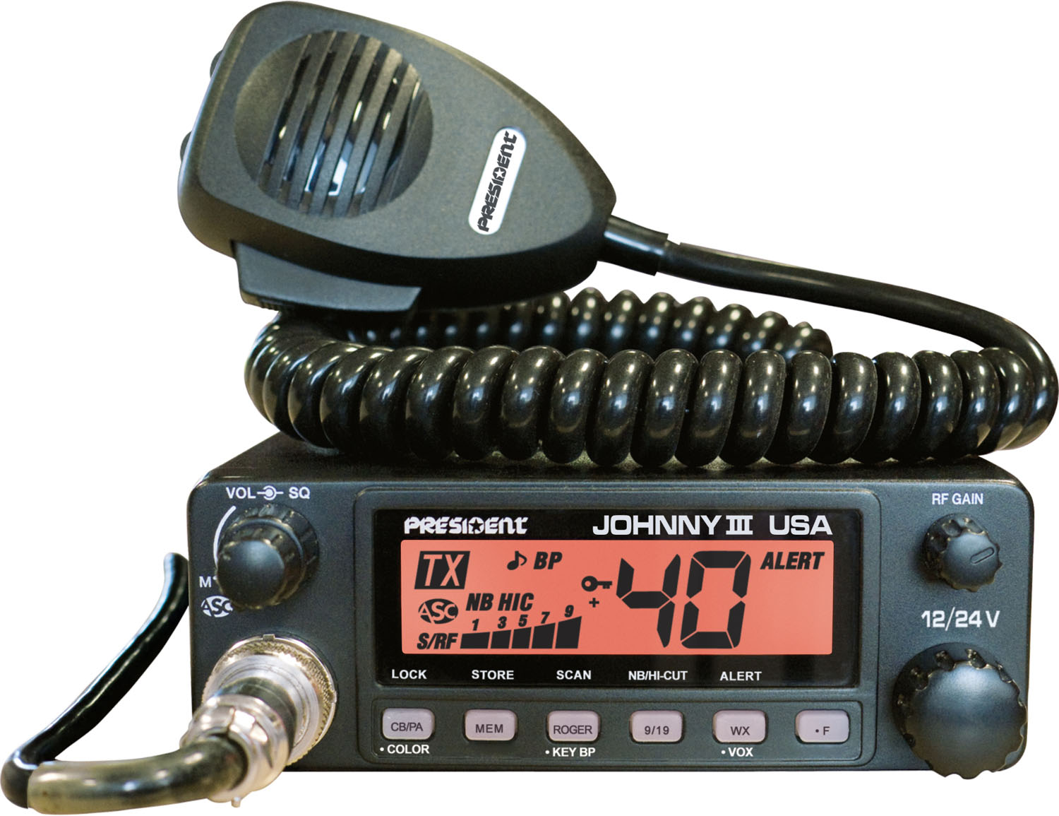 President - 12-24 Volt 40 Channel Mobile Cb Radio With Selectable 3 Color Front Panel, Vox, Weather, Rf Gain
