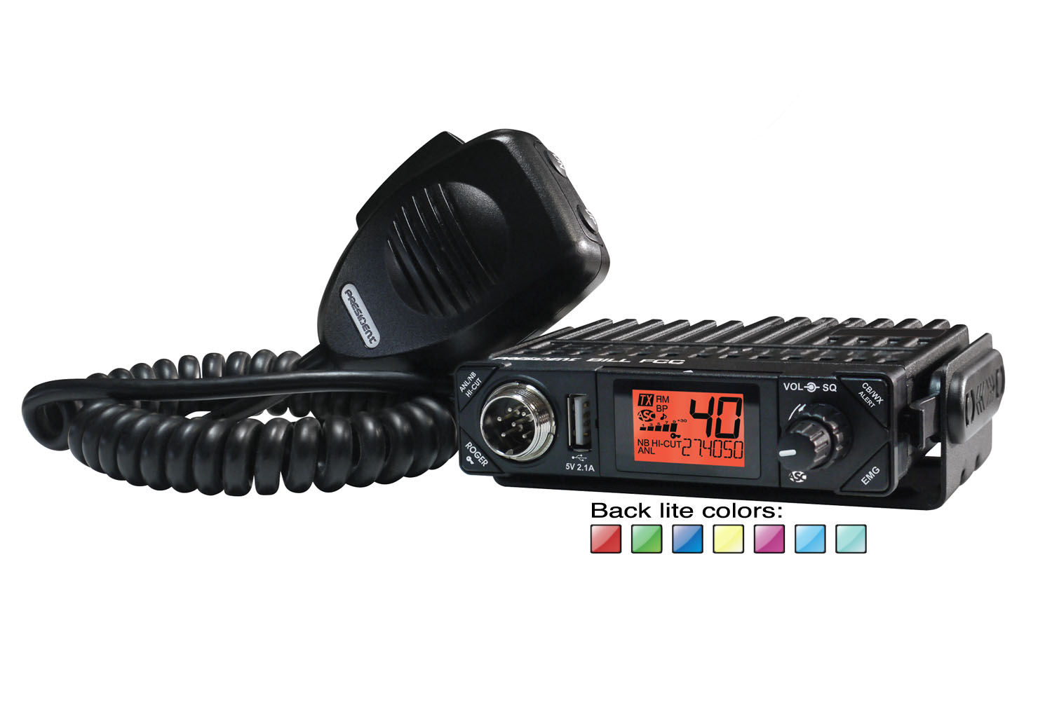 President - BILL Compact 40 Channel Am Mobile Cb Radio With USB Port & Selectable 7 Color Back-Lit Display