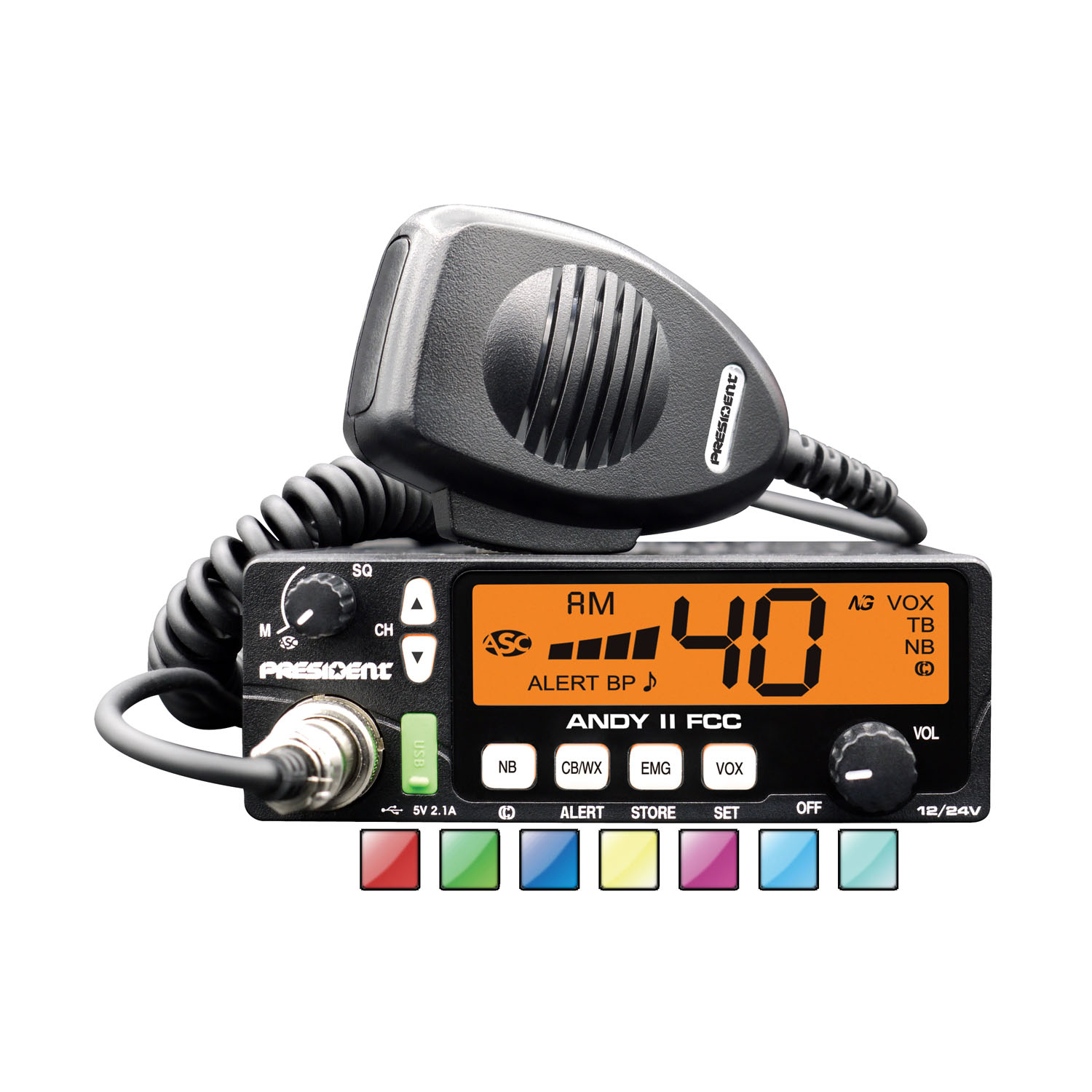 PRESIDENT - ANDY II FCC 12-24 VDC 40 CHANNEL CB RADIO WITH USB PORT, 7 COLOR DISPLAY, VOX, WEATHER & ALERT