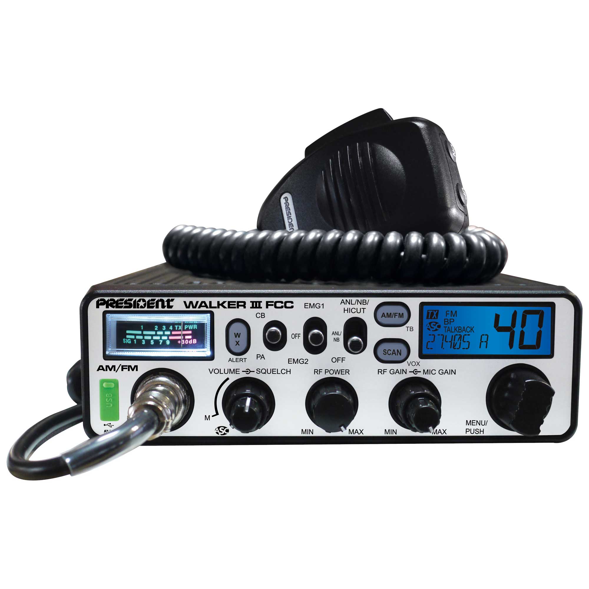 PRESIDENT - WALKER III FCC 40 CHANNEL AM/FM DIN SIZE CB RADIO WITH WEATHER, VOX, 7 BACK LIGHT COLORS