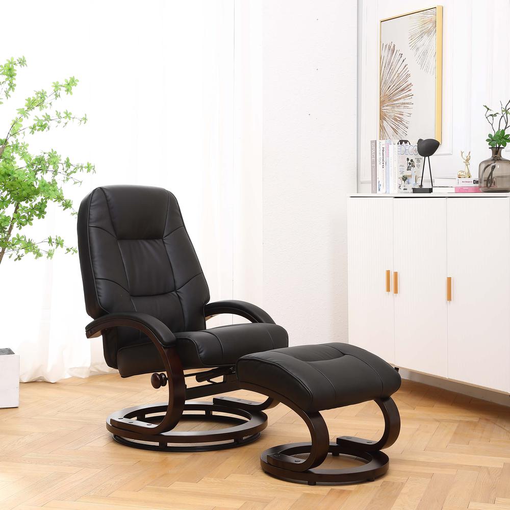 Sundsvall Recliner and Ottoman in Black Air Leather , Black/ Chocolate Base