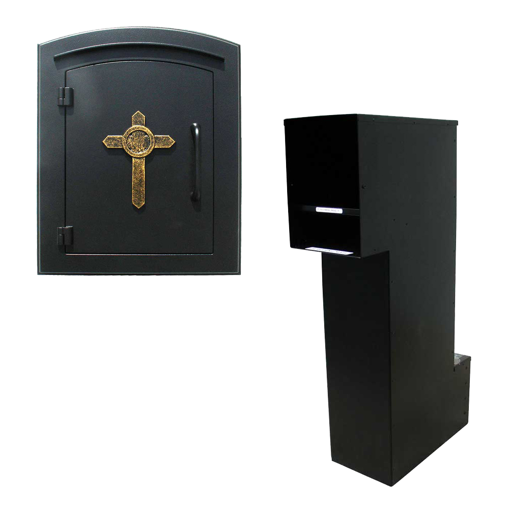 Manchester Column Mounted Mailbox with Secruity Option, Decorative Cross , Black