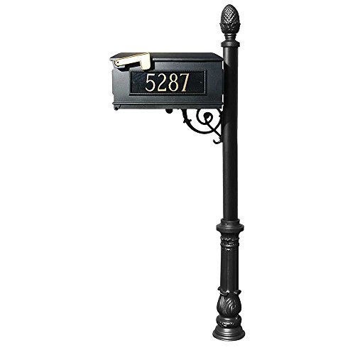 Lewiston Mailbox (Black) with Post (Ornate Base & Pineapple Finial), 3 Address Plates, Support Brace