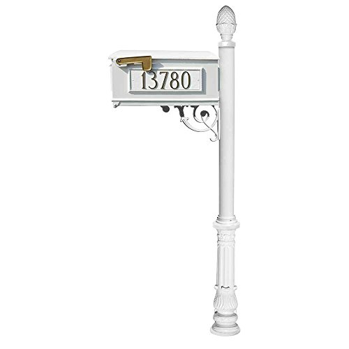 Lewiston Mailbox (White) with Post (Ornate Base & Pineapple Finial), 3 Address Plates, Support Brace