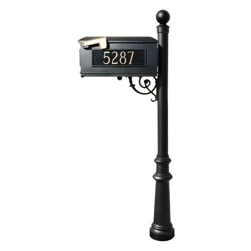 Lewiston Mailbox (Black) with Post (Fluted Base & Ball Finial), 3 Address Plates, Support Brace