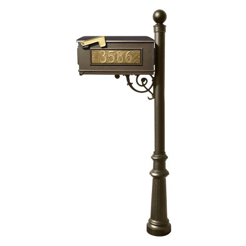 Lewiston Mailbox (Bronze) with Post (Fluted Base & Ball Finial), 3 Address Plates, Support Brace