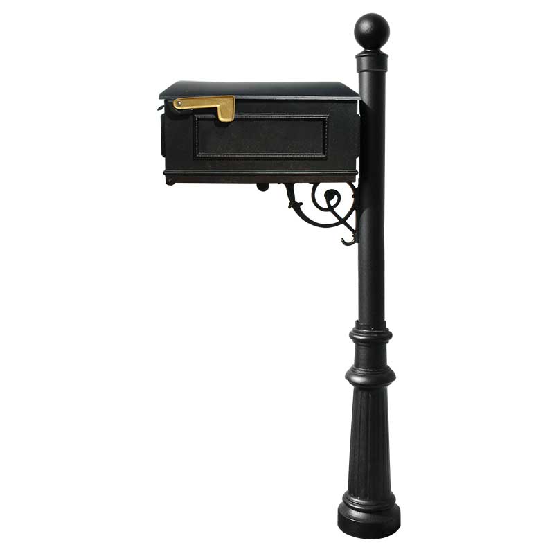 Lewiston Mailbox With Post, Fluted Base and Ball Finial No Address Plates, Black