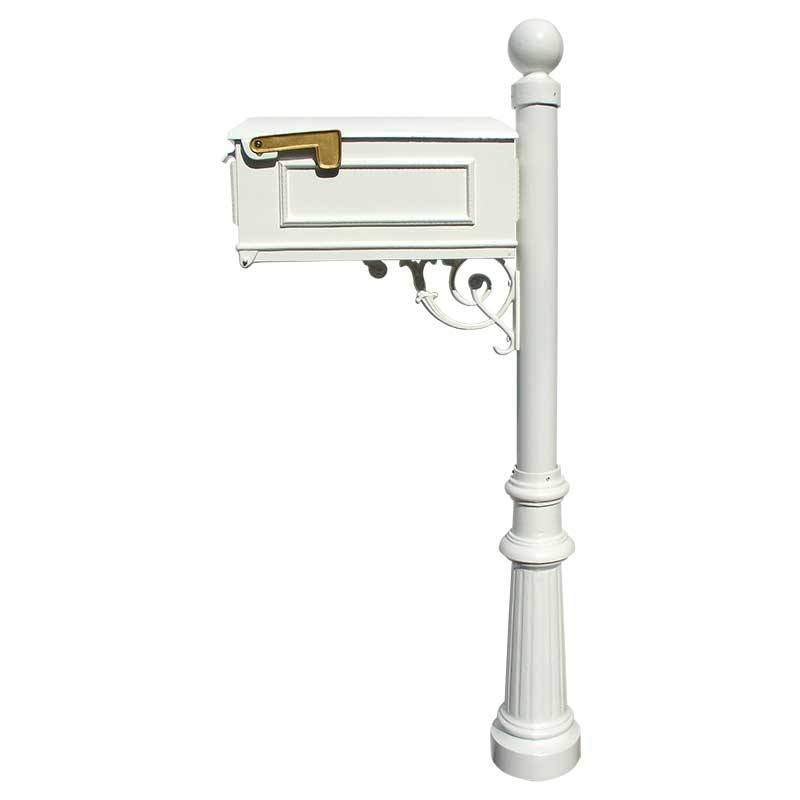 Lewiston Mailbox With Post, Fluted Base and Ball Finial No Address Plates, White