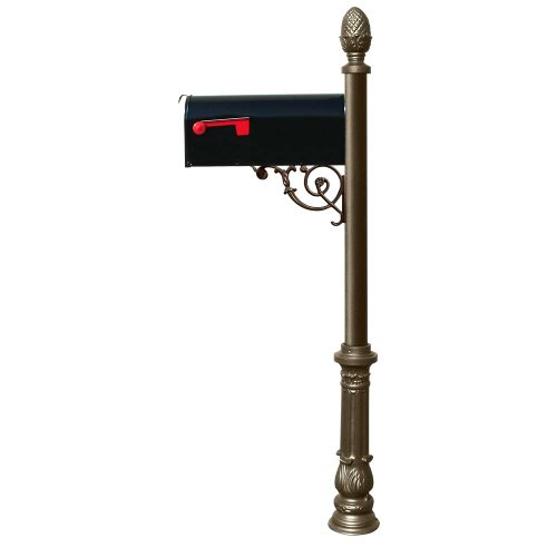 Bronze Lewiston Post with Support Brace, E1 Economy Mailbox, Mounting Plate, Ornate Base & Pineapple Finial