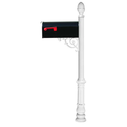 White Lewiston Post with Support Brace, E1 Economy Mailbox, Mounting Plate, Ornate Base & Pineapple Finial