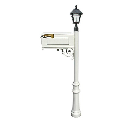 Lewiston Mailbox (White) with Post, 3 Address Plates, Support Brace, Fluted Base, Black Solar Lamp
