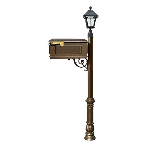 Lewiston Mailbox (Bronze) with Post, 3 Address Plates, Support Brace, Ornate Base, Black Solar Lamp