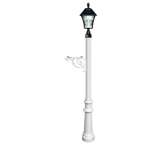 Lewiston Post Only (White) with Support Brace, Fluted Base, Black Solar Lamp