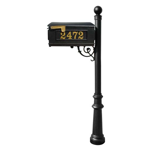 Lewiston Mailbox (Black) with Post (Fluted Base & Ball Finial), Vinyl Numbers, Support Brace