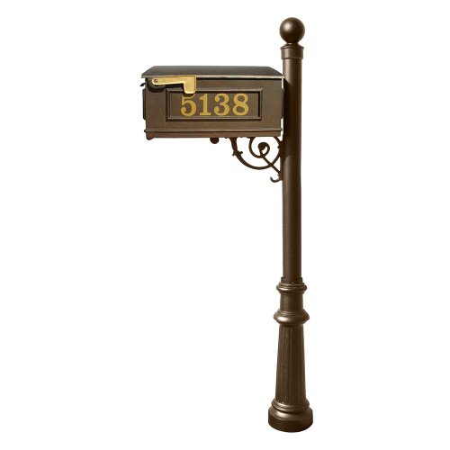 Lewiston Mailbox (Bronze) with Post (Fluted Base & Ball Finial), Vinyl Numbers, Support Brace