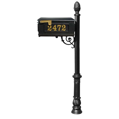 Lewiston Mailbox (Black) with Post (Ornate Base & Pineapple Finial), Vinyl Numbers, Support Brace