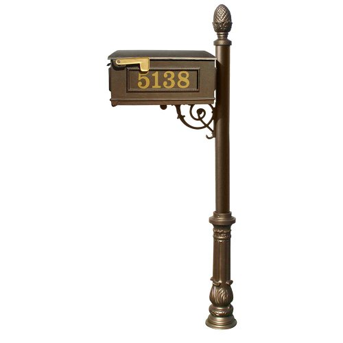 Lewiston Mailbox (Bronze) with Post (Ornate Base & Pineapple Finial), Vinyl Numbers, Support Brace