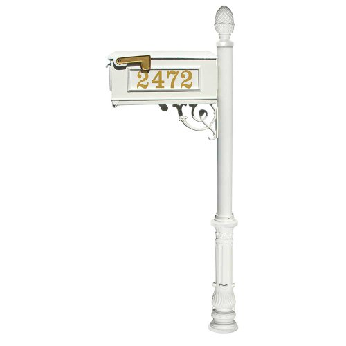 Lewiston Mailbox (White) with Post (Ornate Base & Pineapple Finial), Vinyl Numbers, Support Brace