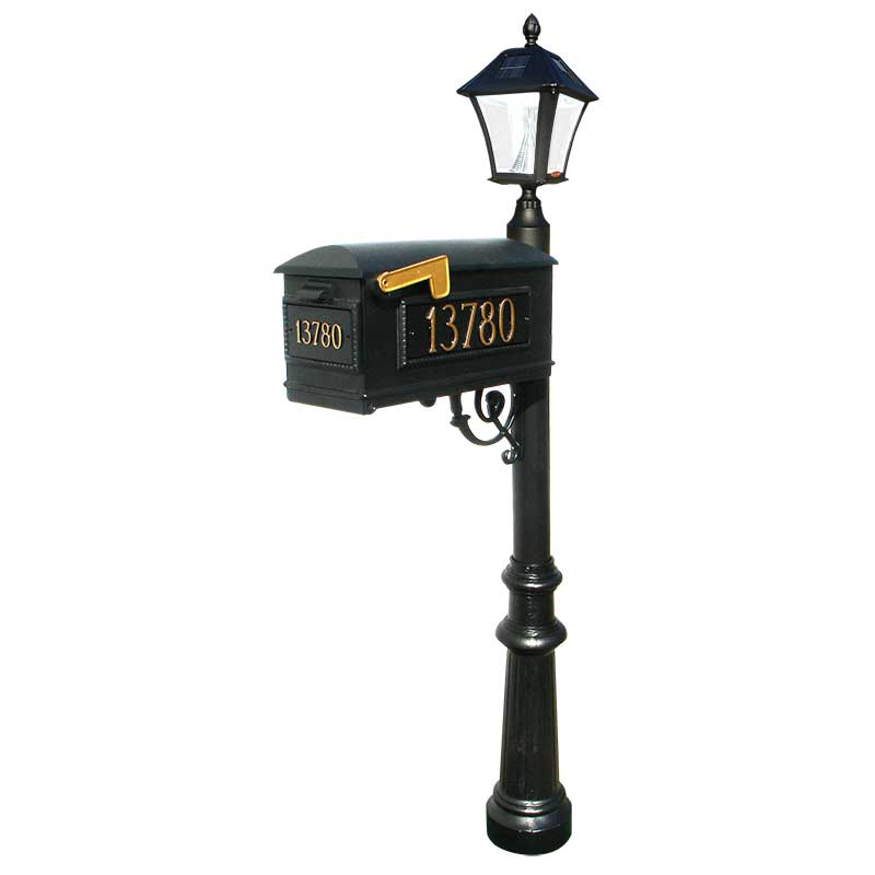 Lewiston Mailbox (Black) with Post, Vinyl Numbers, Support Brace, Fluted Base, Black Solar Lamp
