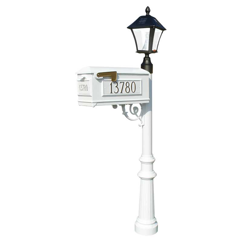 Lewiston Mailbox (White) with Post, Vinyl Numbers, Support Brace, Fluted Base, Black Solar Lamp