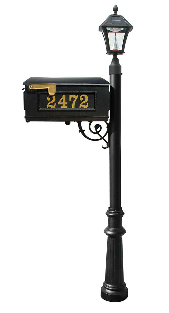 Lewiston Mailbox (Black) with Post, Vinyl Numbers, Support Brace, Ornate Base, Black Solar Lamp