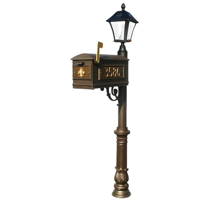 Lewiston Mailbox (Bronze) with Post, Vinyl Numbers, Support Brace, Ornate Base, Black Solar Lamp