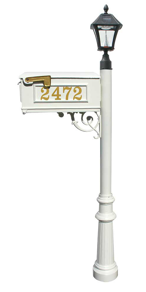 Lewiston Mailbox (White) with Post, Vinyl Numbers, Support Brace, Ornate Base, Black Solar Lamp