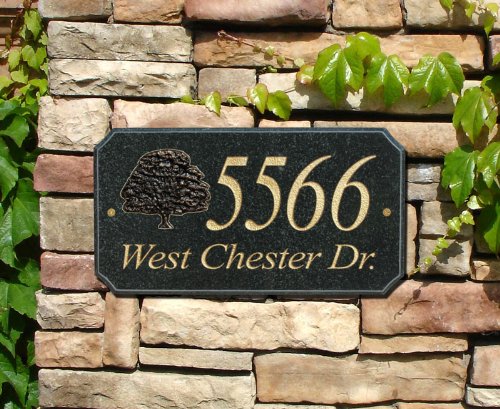 StoneMetal "OAK TREE LOGO" Rectangle Solid Granite Address Plaque in Black Polished Color