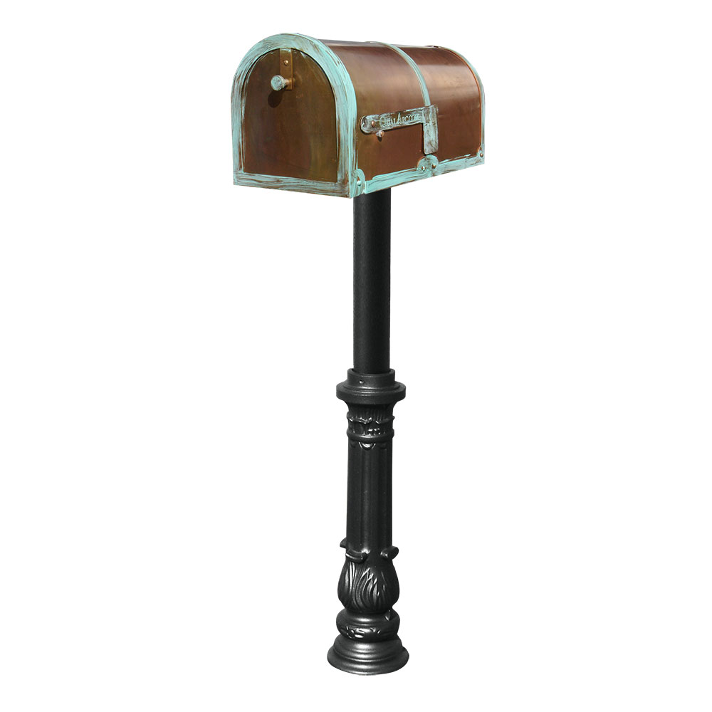 Brass Mailbox in Antique Brass Patina with decorative Hanford #7 Ornate base post in Black