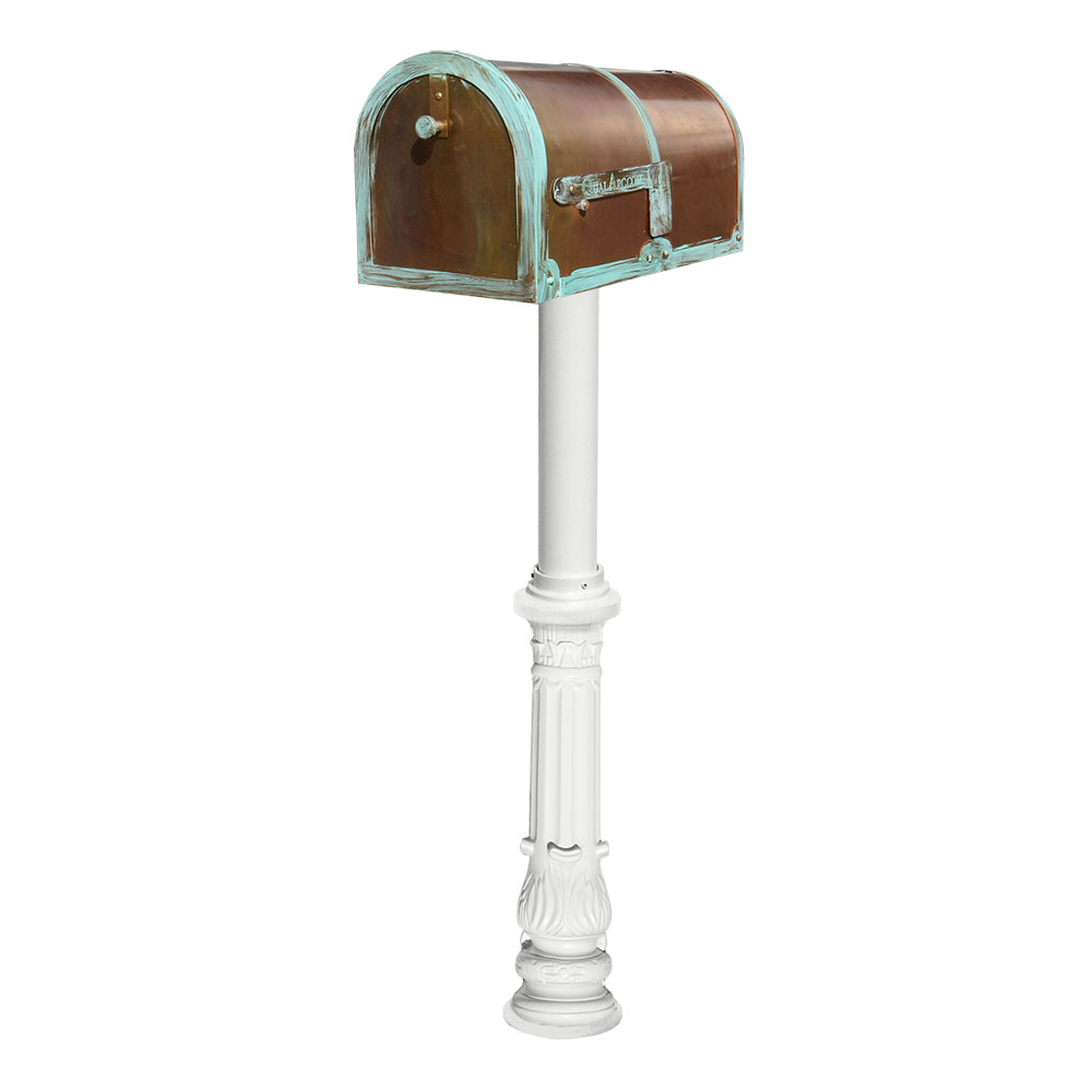 Brass Mailbox in Antique Brass Patina with decorative Hanford #7 Ornate base post in White