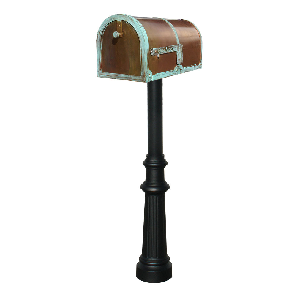 Brass Mailbox in Antique Brass Patina with decorative Hanford #8 Fluted base post in Black