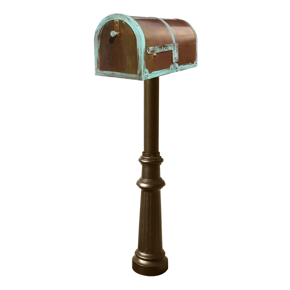 Brass Mailbox in Antique Brass Patina with decorative Hanford #8 Fluted base post in Bronze