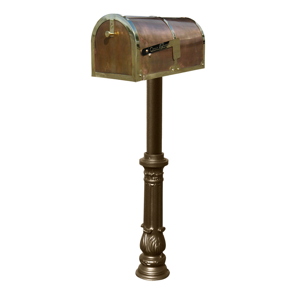 Brass Mailbox in Polished Brass with decorative Hanford #7 Ornate base post in Bronze