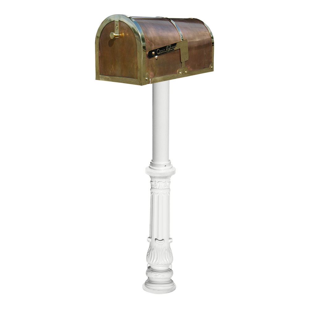 Brass Mailbox in Polished Brass with decorative Hanford #7 Ornate base post in White