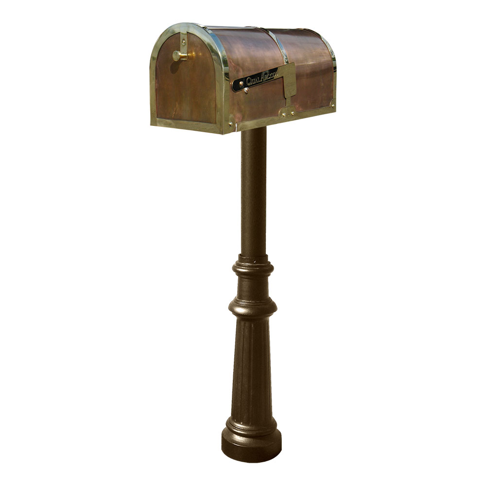Brass Mailbox in Polished Brass with decorative Hanford #8 Fluted base post in Bronze