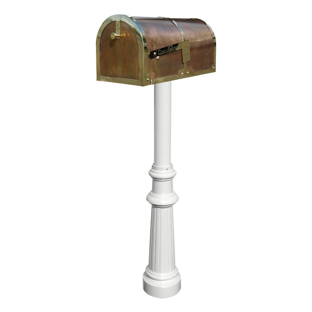 Brass Mailbox in Polished Brass with decorative Hanford #8 Fluted base post in White
