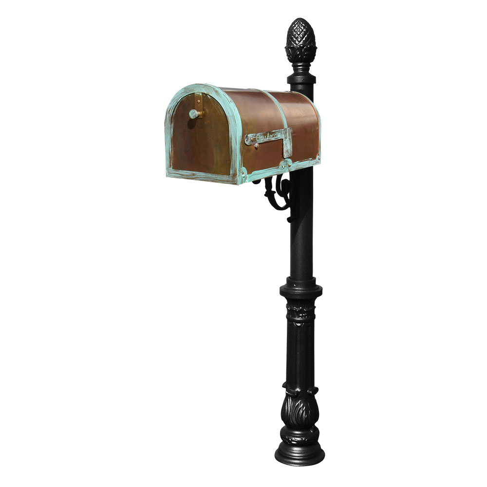 Brass Mailbox in Antique Brass Patina with decorative Lewiston post, #7 Ornate base & #3 Pineapple finial