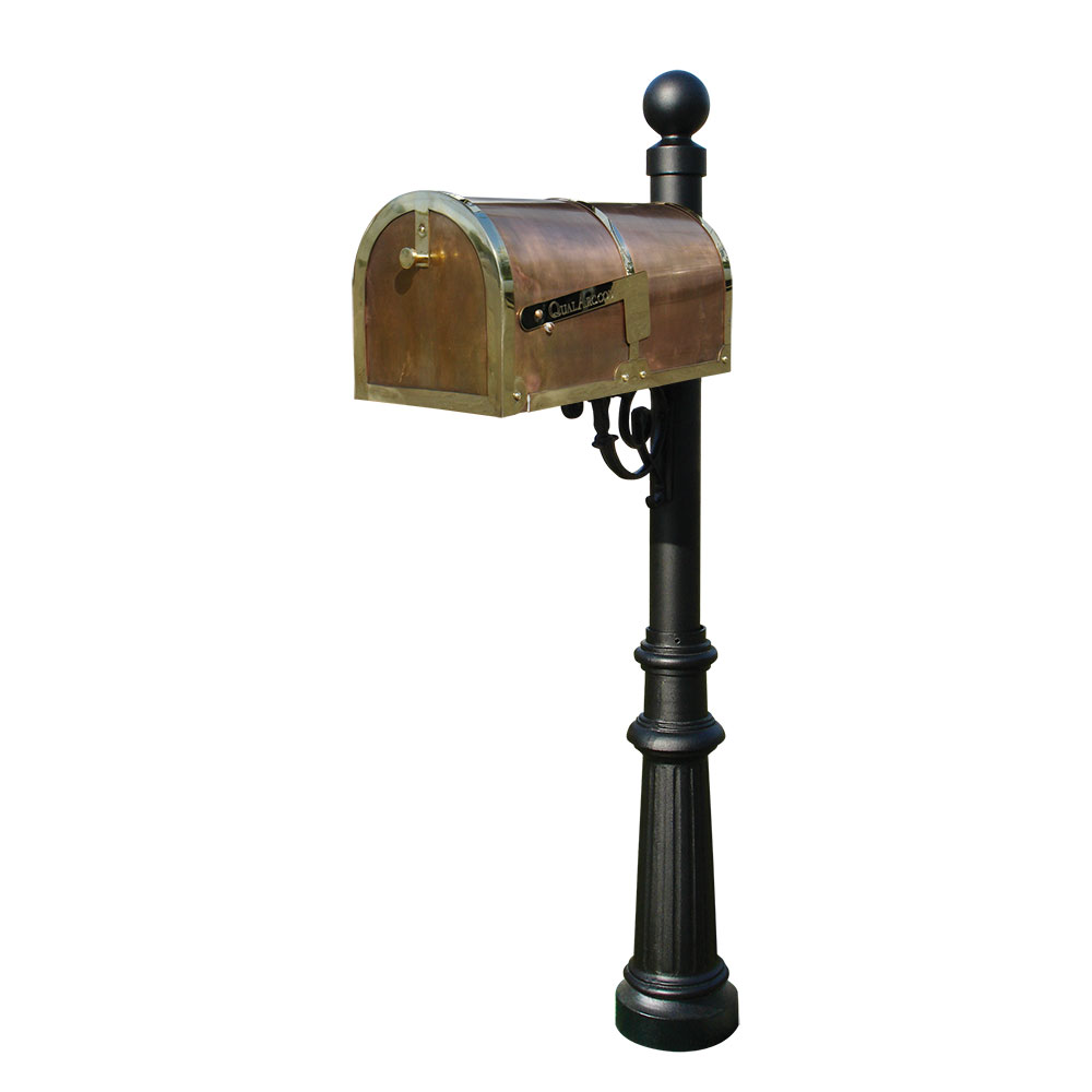 Brass Mailbox in Polished Brass with decorative Lewiston post, #8 Fluted base & #4 Ball finial in Black
